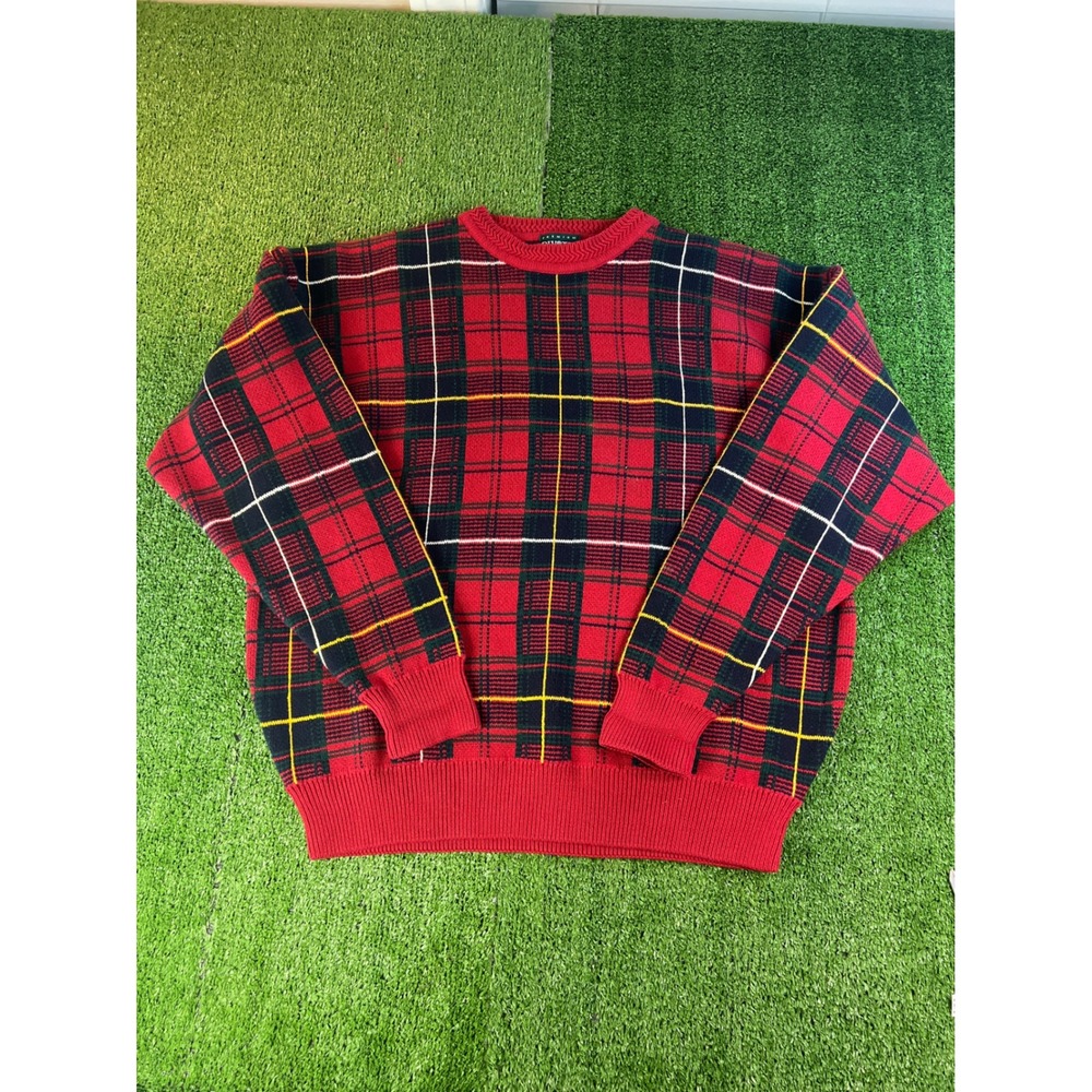 Premium Divots Golf Plaid Crewneck Sweater Red Black Classic Knit‎ Pullover XL